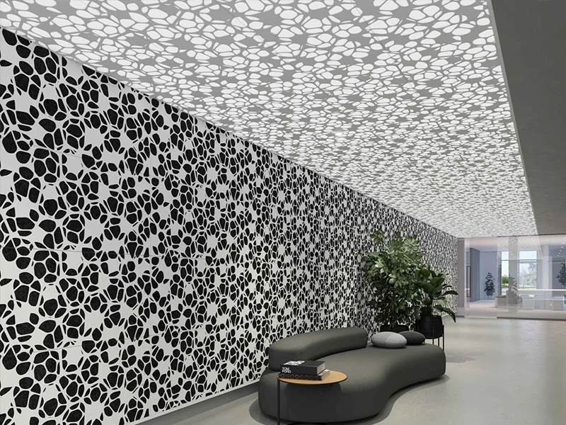 Decorative perforated panels at the company entrance