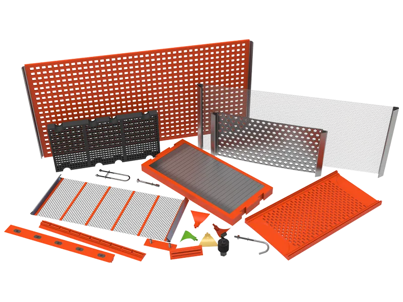 Different types of mining screen media and accessories are placed together.