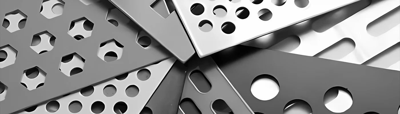 Stainless steel perforated metals with 8 different hole patterns.