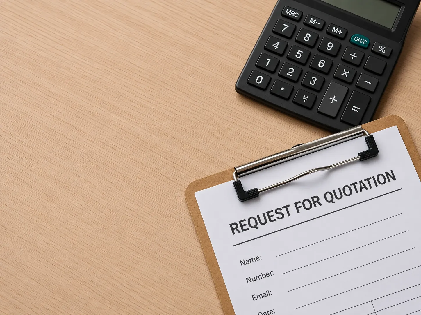 A request for quotation form on a clipboard beside a calculator on a wooden desk.