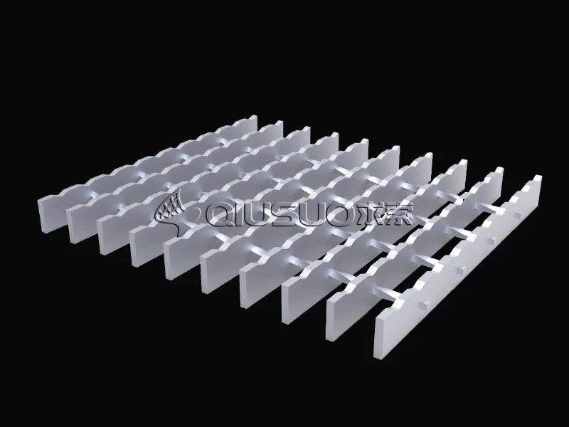 A swaged rectangular aluminum bar grating with a serrated surface