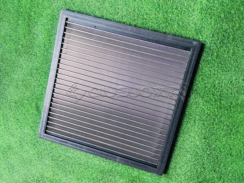 A wedge wire screen panel on the green grassland.